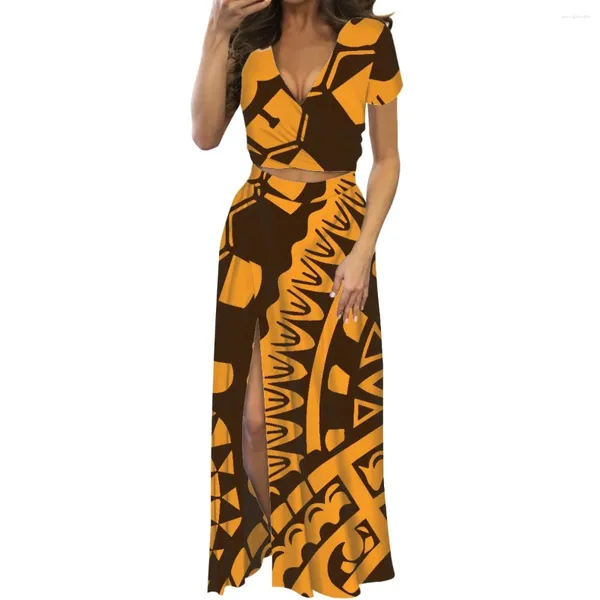 Бальные платья Полинезийское этническое оранжевое платье с тотемным принтом для женщин, с v-образным вырезом и короткими рукавами, женское платье из 2 предметов, поступление 2023 г.