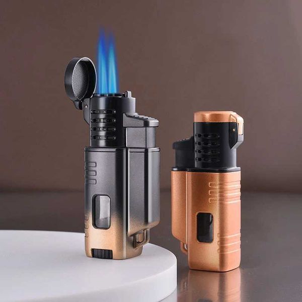 Neue Verlaufsfarbe drei gerade Flush Turbo Torch Windschutz Zigarre Hellere blaue Flamme Butan kein Gas tragbares Männergeschenk