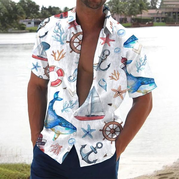 Herren-Freizeithemden, Urlaub, Hawaii-Strand, Ozean, Boot-Muster, Oberteile, kurze, übergroße Bluse, Designer-Barock-Stil