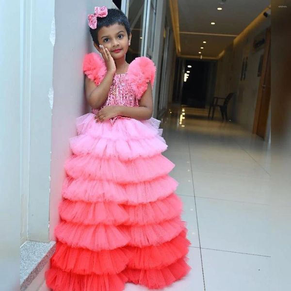 Abiti da ragazza Torta Tulle Ragazze di fiori rosa per matrimoni Strati di paillettes Compleanno Abiti da festa per bambini Abiti da spettacolo Poshoot