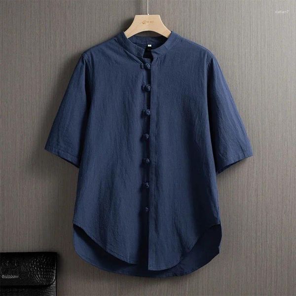 Camisas casuais masculinas camisa de linho 2024 chinês de manga curta chinesa de botão de botão vintage-shirt colar sólido colar de stand-up solto de tamanho grande