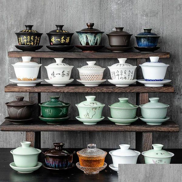 Set da tè in ceramica Gaiwan Jingdezhen Set Kungfu cinese Tre talenti Ciotola Tazza grande Piattino Casa Tea Maker Regalo cerimonia 230414 Drop Dh4Rc