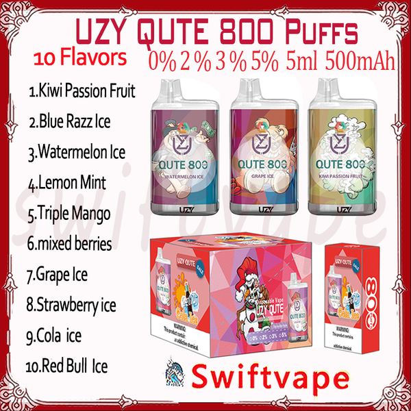 Autêntico Uzy Qute 800 Puff descartável e cigarro 500mAh Bateria 10 sabores 3ml 0% 2% 3% 5% RGB GLOW 0,8k Puffs Vape