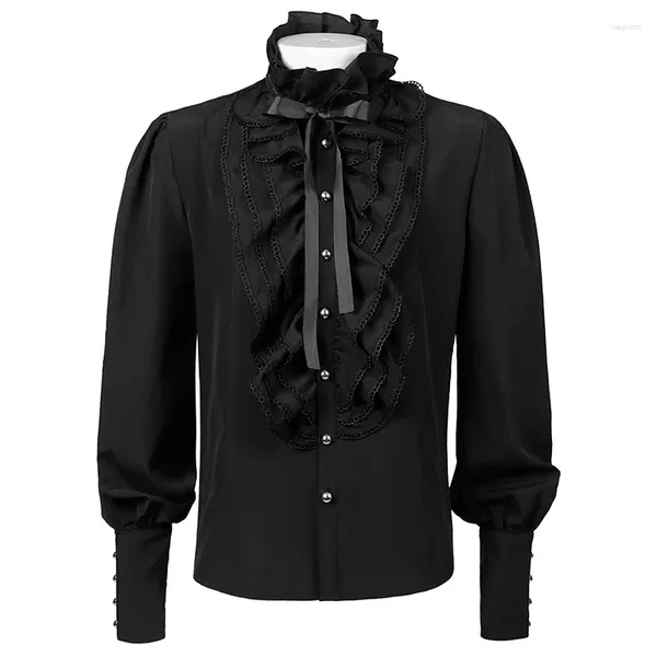 Camisas de vestido masculinas Preto Ruffles Stand Collar Mangas Cheias Camisa Gótica Victoriana Pirata Cosplay Homens Retro Punk Roupas Traje Medieval Y2K