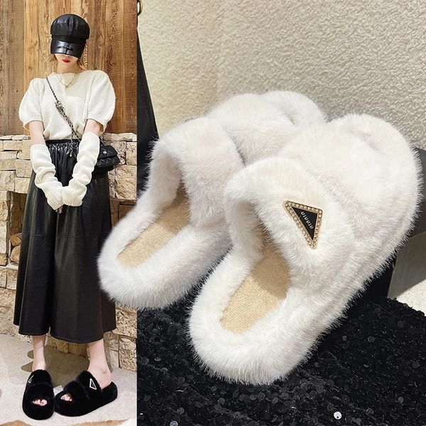 Pantofole Nuove scarpe autunnali e invernali da donna coreane alla moda con fondo spesso e fondo piatto, comodo cappotto in peluche con cursore 231219