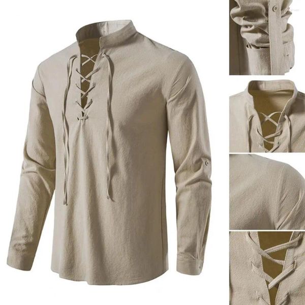 Camisas casuais masculinas camisa retro rendas com decote em v manga longa pele-toque gola cor sólida topo roupas masculinas