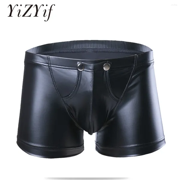 Cuecas sexy homens cintura baixa faux couro boxer shorts botão de pressão com bolsa de protuberância homens lingerie corte fino roupa interior