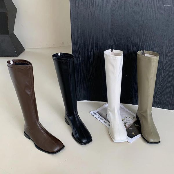 Botas Square Toe Mulheres Joelho Alto Preto Marrom Branco Verde 2023 Chegadas Inverno Mulher Flat Low Heels Back Zipper