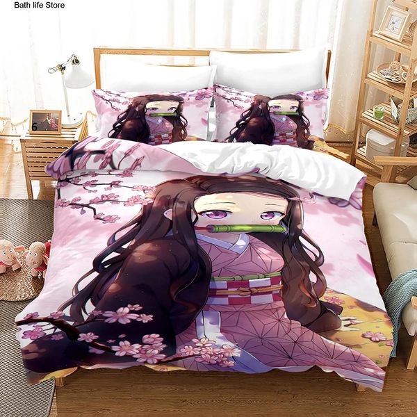 Conjuntos de cama Conjuntos Nezuko Kamado Conjunto de cama Anime Demon Slayer Capa de edredão Consolador Roupa de cama Single Twin Full Queen Size 3D Kids Girl