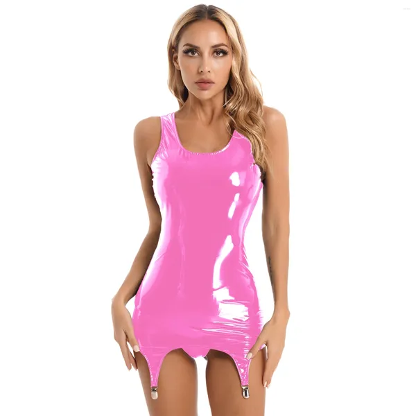 Vestidos casuais mulheres brilhante bodycon vestido molhado olhar tanque de couro com clipes de metal látex minidress rave festa nightwear clubwear