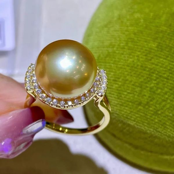 Anéis de casamento Meibapj 1112mm Natural Golden Semiround Pearl Fashion Flower Ring Real 925 Sterling Silver Fine Jewelry para mulheres 231218