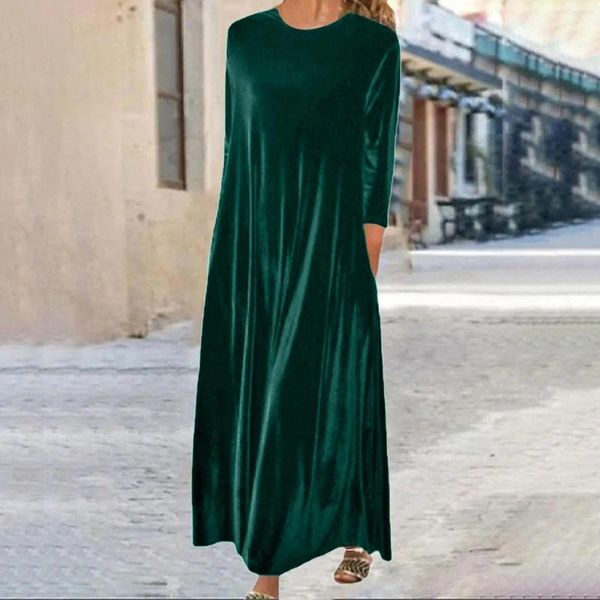 Sıradan Elbiseler Kadın Velvet Elbise Vardiya Uzun Maxi Yeşil Siyah Mor Kollu Pure Cep Kış Sonbahar Bahar Mürettebat Boyun Olgun