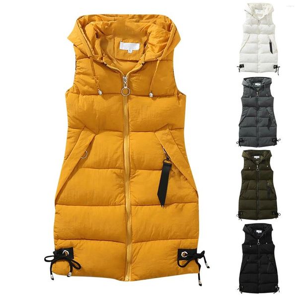 Gilet da donna Gilet senza maniche Giacca imbottita con cappuccio di media lunghezza per l'inverno leggero da donna