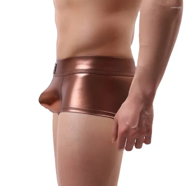 Cuecas boxer masculinas calcinha sexy cintura baixa u convexo pênis shorts homens falso couro palco desempenho boxers briefs