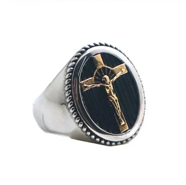 Vintage 14K Sarı Altın Ankraj Dini İsa Cross Ring Erkek Moda Musluk Mücevher Hediye 1914