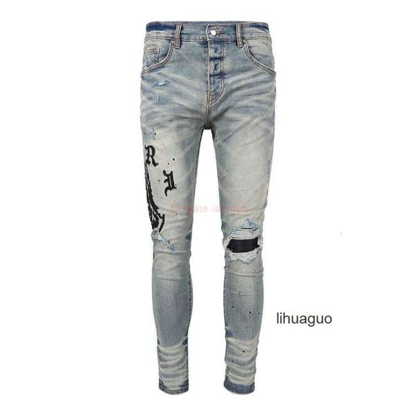 Calças Old am amis imiri amiiri Designer Clothing Jeans Denim amari es Style Patchwork Bordado com letras laterais Feito de amirl amirlies Buracos lavados com Wate 9M7H