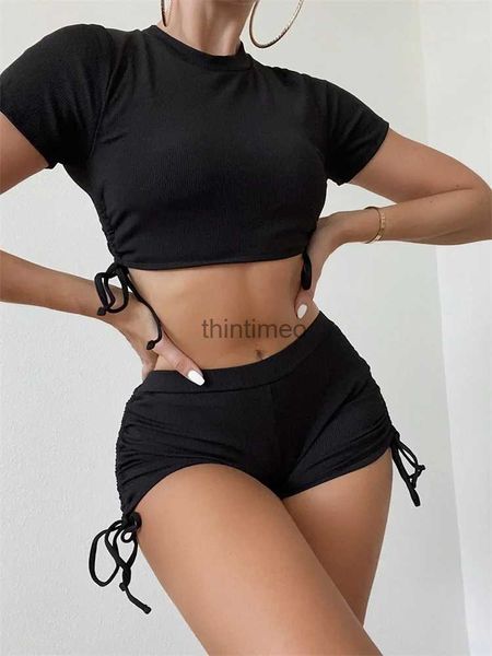 Kadın Mayo Bikini Kadın Mayo 2023 Yeni Siyah Boksör Pantolon Bikinis Set Seksi Mayo Kollu Biquini Yaz Plajı Mayo Takım Kadın YQ231219