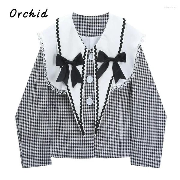 Blusas femininas coreano doce checkere retalhos gola boneca arco decorar blusa 2023 outono winte harajuku chique único breasted camisa