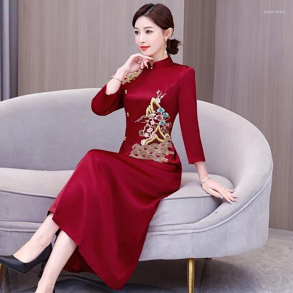 Vestidos casuais 2023 temperamento moda elegante mulheres tamanho grande fole vinho vermelho mãe cheongsam nobre jovem estilo estrangeiro