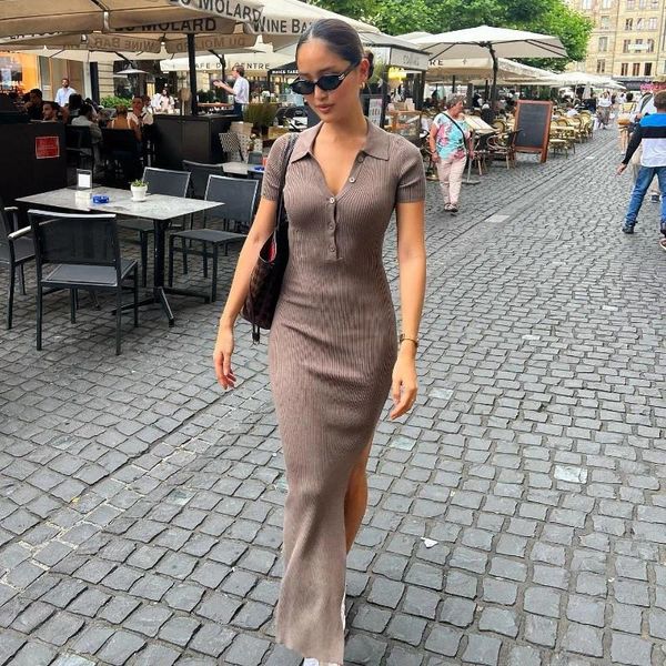 Lässige Kleider Schwarz Lang Button Up für Frauen Frühling Kurzarm Sommer Maxikleid Sexy Umlegekragen Hemd mit Schlitz