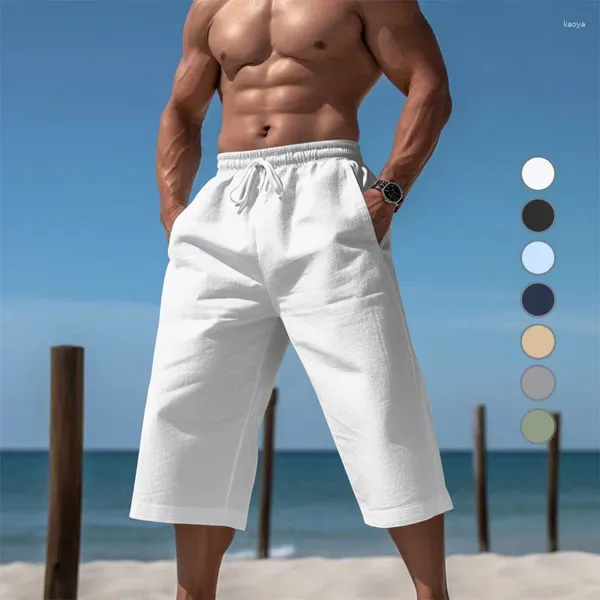 Calças masculinas verão vendendo Europa e Estados Unidos High Street Homens Respirável Cool Tamanho Grande 3/4 Linho Casual Cropped