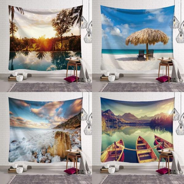 Taquestres Sun Sea Tapestry Ocean Praia Parede pendurada Decoração da paisagem Azul Cloud Greaty Blanket poliéster feito à mão