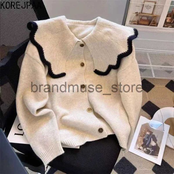 Damenpullover Korejpaa Casual Frauen Strickjacke 2023 Herbst Winter Kleidung Peter Pan Kragen Gestrickte Pullover Mantel Strickwaren Solide Damen Tops J231219