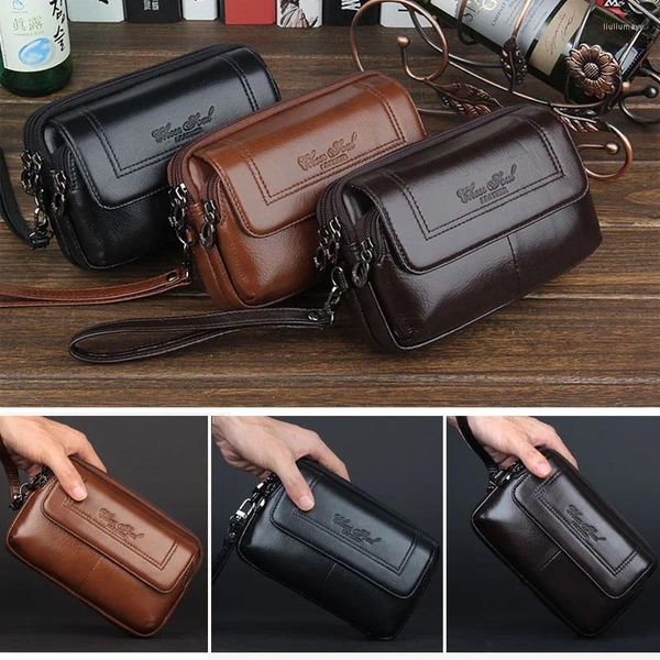 Sacos de cintura venda couro genuíno dos homens celular/caso do telefone móvel saco moda tendência embreagem pulso mão fanny cinto bolsa pacote