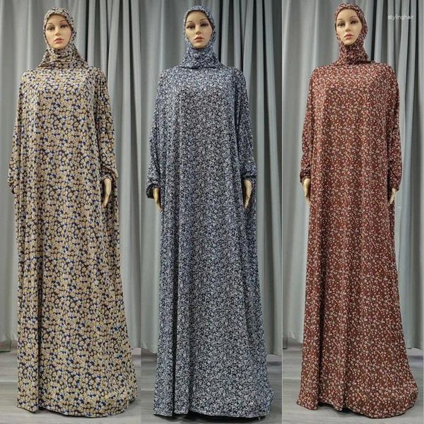 Abbigliamento etnico Caftano islamico Modesto Coprispalle completo Ramadan Eid Donne musulmane Abito con stampa Hijab con cappuccio Arabo Femme Abiti mediorientali