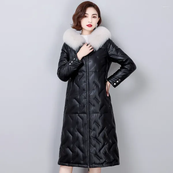 Женская кожаная куртка с натуральным меховым воротником, зимняя модная с капюшоном 90% белая утиная куртка, женские теплые свободные длинные парки