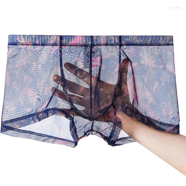 Mutande Boxer ultrasottili ad asciugatura rapida Intimo da uomo stile Boho Formato europeo Slip sexy in rete traslucida Mutandine con custodia grande