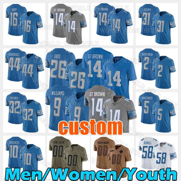 14 Amon Ra St Brown Camisa De Futebol 26 Jahmyr Gibbs 87 Sam LaPorta 20 Barry Sanders 16 Jared Goff 32 Brian Branch 9 Jameson Williams 5 David Montgomery Malcolm Rodriguez