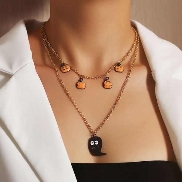 Новое поступление, позолоченные ювелирные изделия на Хэллоуин, забавное многослойное ожерелье с призраком тыквы для женщин