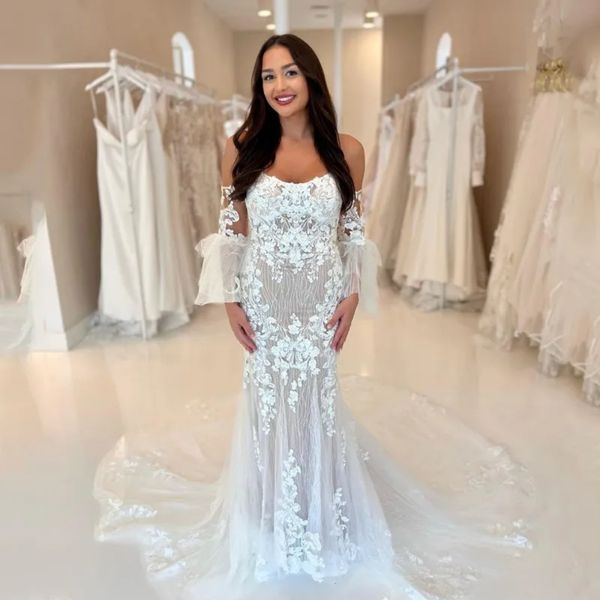 Stunningbride 2024 lindo laço colher fora do ombro trem sem costas sereia vestido de casamento manga longa bordado applique princesa vestido de noiva