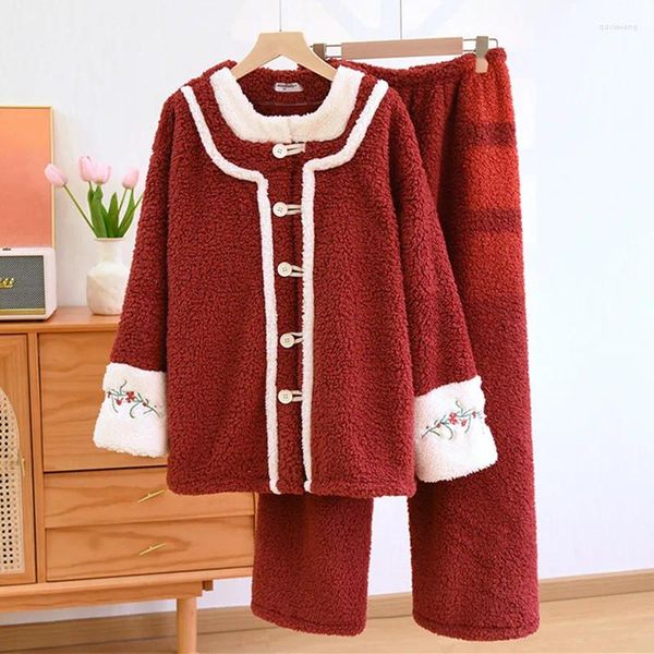 Indumenti da notte da donna Pigiama stile cinese Flanella Autunno Inverno Vestiti per la casa Addensare Set caldo Pigiama allentato Pour Femme Pantalone