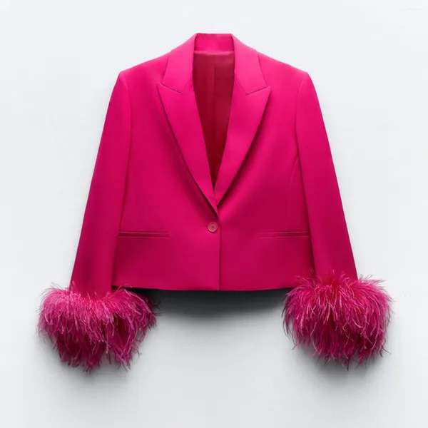 Ternos femininos 2024 primavera outono feminino pena terno jaqueta rosa na moda casaco lapela manga comprida blazer chique casual único botão outerwear