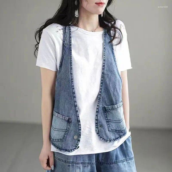 Damenwesten Damenweste Weste Vintage Denim V-Ausschnitt Streetwear Kleidung Tops ärmellose Jacken Strickjacken Blau Schwarz Tank