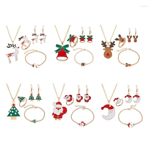 Halskette Ohrringe Set Weihnachtssets Mehrfarbige Emaille Weihnachtsmann Rentier Ring Armband Schmuck Geschenk