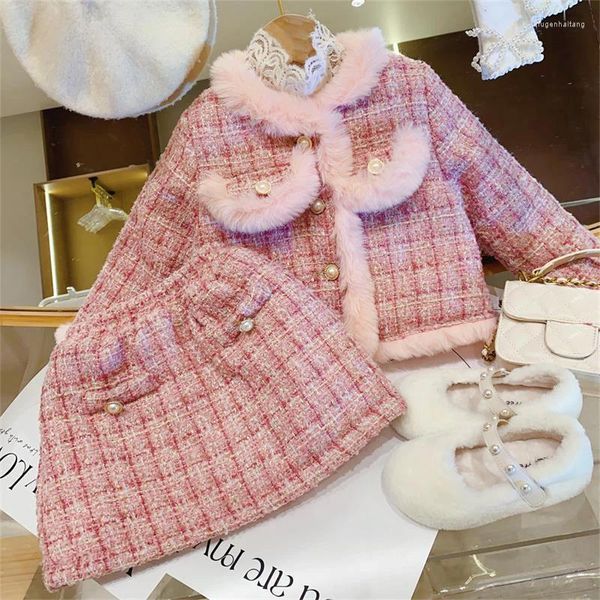 Conjuntos de roupas crianças meninas princesa 2 pçs roupas conjunto outono inverno crianças rosa xadrez grosso casaco outwear saias curtas vintage elegante terno