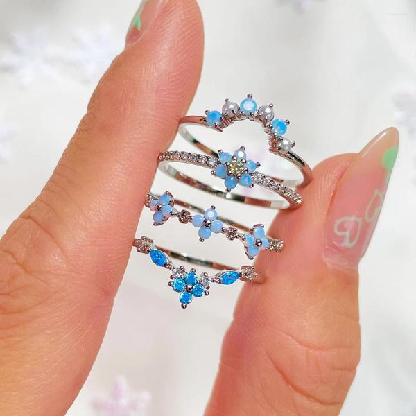 Fedi nuziali Squisito anello con fiore blu per donna Set di gioielli estetici di moda in acciaio inossidabile placcato oro vintage con zirconi