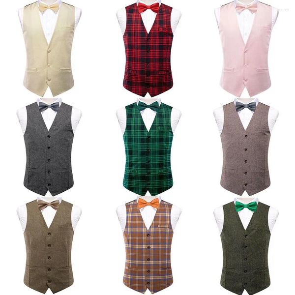 Herrenwesten Hi-Tie Plaid Solid Herren mit Fliege Jacquard Plain Waist Coat Jacke Manschettenknöpfe Einstecktuch Grün Burgund Mint Beige Rosa Grau