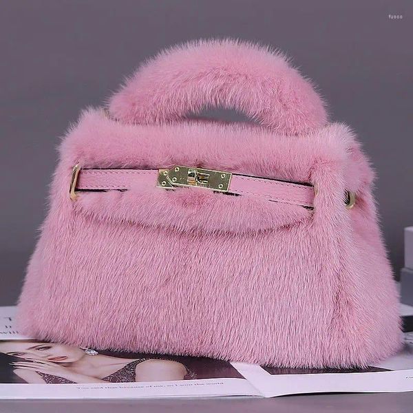 Borse da sera 2023 Borsa per capelli in visone da donna di alta qualità Design di lusso in pelle con giunture in pelliccia Borsa piccola quadrata Morbida e soffice tracolla in peluche