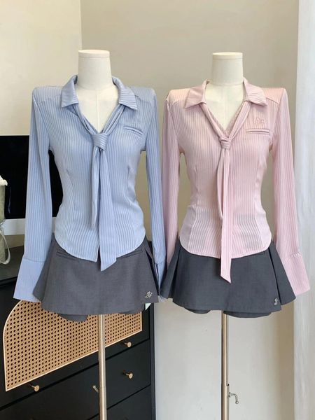 Camicette da donna Design Moda Ragazza in raso Blu Rosa Baggy Lusso Seta Vita liscia Camicia elegante Cravatta a maniche lunghe Top stile pigro francese