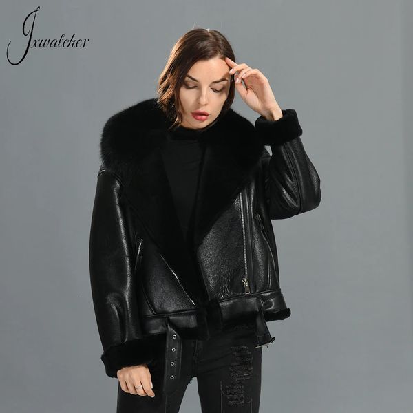 Damen Leder Kunstleder Jxwatcher Frauen Echtes Lammfell Gürtel Mäntel Winter Echtes Schaffell Lederjacke Herbst Fuchspelz Kragen Reißverschluss Oberbekleidung 231218