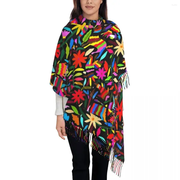 Lenços Otomi Tenango Xale Envoltório Mulheres Inverno Longo Lenço Macio Pássaros Mexicanos Textura Lenço Borla