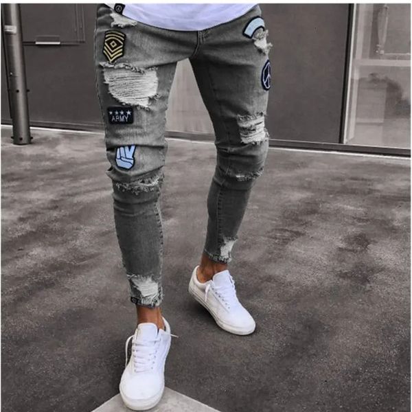 Jeans da uomo Uomo Elasticizzato Strappato Skinny Biker Ricamo Stampa cartoon Foro distrutto Slim Fit Denim Hip Hop di alta qualità Nero 231218