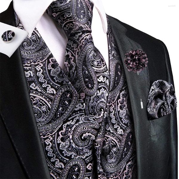 Coletes masculinos Hi-Tie Claasic Paisley Silk Mens Preto Roxo Vermelho Azul Verde Colete Tie Hanky Abotoaduras Broche Conjuntos de Negócios de Casamento