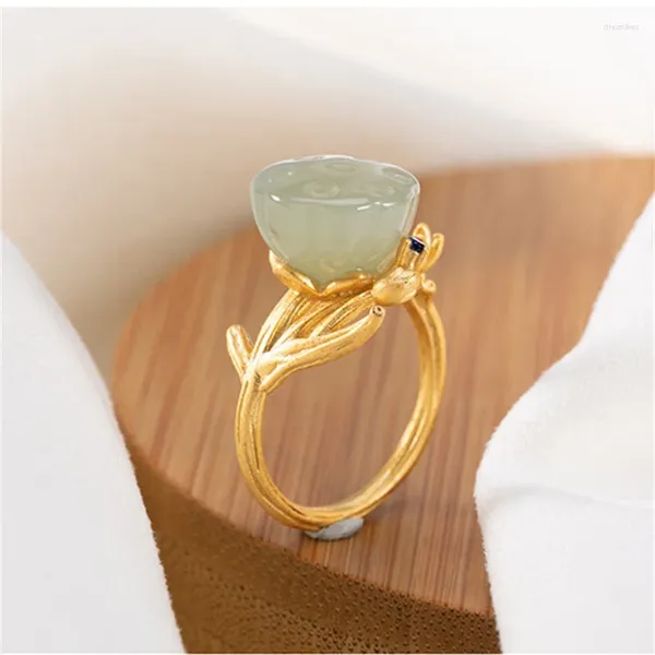 Anéis de cluster encantador jade flor de lótus anel para mulheres jóias temperamento princesa dedo acessórios 925 prata senhora