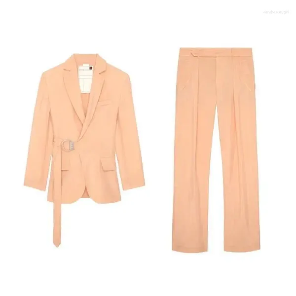 Zweiteilige Damenhose Frühling Herbst Chic Eleganter zweiteiliger Blazer mit Metallgürtel Plissee-Design Hose mit weitem Bein Büro Pendeln Fashion2023