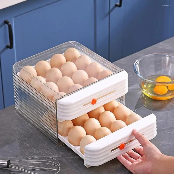 Bottiglie di stoccaggio Frigorifero impilabile a 2 strati Organizzatore per uova 32 griglie Supporto per cassetto Contenitore per frigorifero in plastica trasparente senza BPA